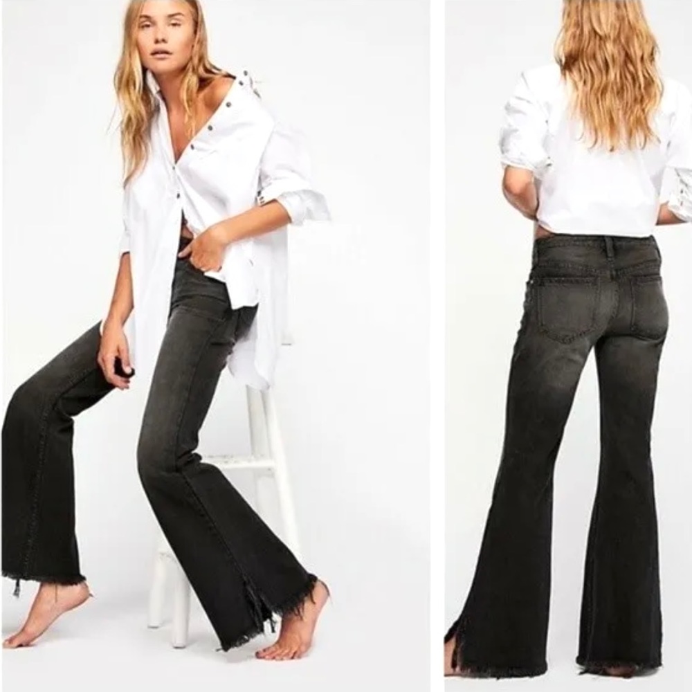 Free People Womens Size 27 Flare Frayed Hem Jeans Black Ash